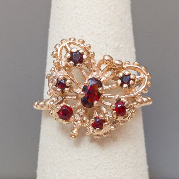 1970s 10k Gold Garnet Butterfly Cocktail Ring · Size 5.75 - Picture 1 of 13